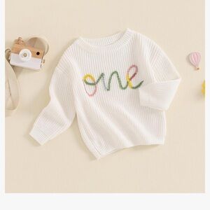 White Knit Sweater with Colorful 'One' Design